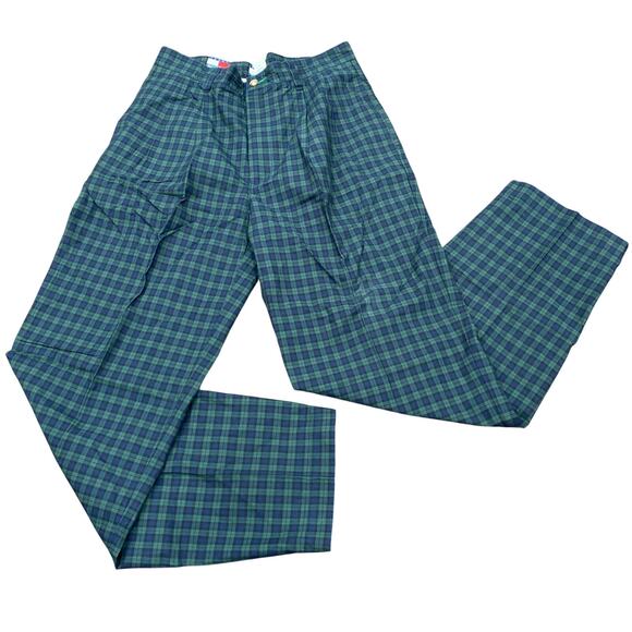 NWT Vintage Tommy Hilfiger Mens Green Blue Black Watch Plaid Pleated Pants 32x32 - Picture 1 of 7